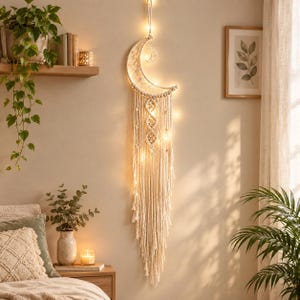 moon macrame wall hanging, Crescent Moon Macrame Wall Hanging, Boho Woven Tapestry with Tassels, 38 Inch Bohemian Bedroom Wall Decor