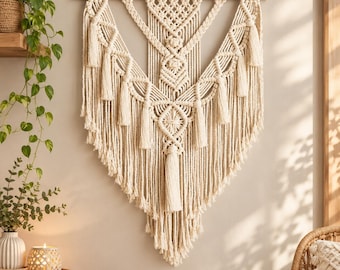 May include: A large off-white macrame wall hanging suspended from a horizontal wooden dowel. The piece features intricate knotted patterns, geometric diamond shapes, and multiple hanging tassels that form a pointed V-shape design.