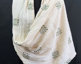 Recycled sari ribbon fabric, dark green squares on natural cotton, geometric, fair trade handmade, eco-friendly, zero waste, planet friendly