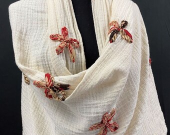 Recycled sari ribbon fabric, brown flowers on natural cotton, fair trade handmade textile, eco-friendly, zero waste, planet friendly, vegan
