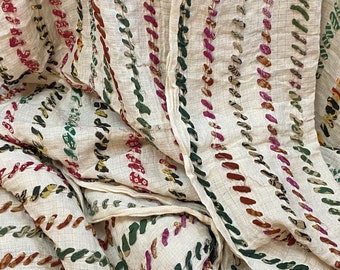 Recycled sari ribbon fabric, red green stripes, natural cotton, diagonal geometric, light, fair trade handmade, eco-friendly, zero waste,