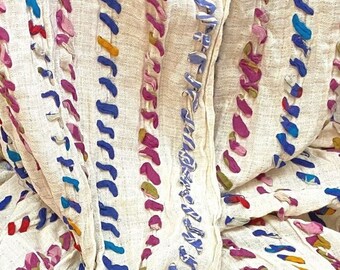 Recycled sari ribbon fabric, blue purple stripes, natural cotton, diagonal geometric, light, fair trade handmade, eco-friendly, zero waste,