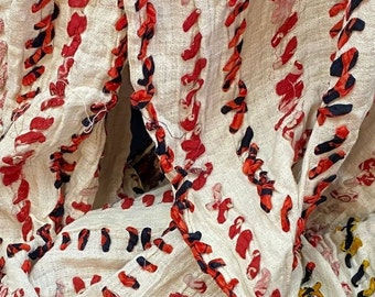 Recycled sari ribbon fabric, red stripe on natural cotton, diagonal geometric fair trade handmade, eco-friendly, zero waste, planet friendly
