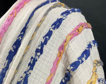 Recycled sari ribbon fabric, blue pink stripes, natural cotton, geometric, boho, med weight, fair trade handmade, eco-friendly, zero waste,