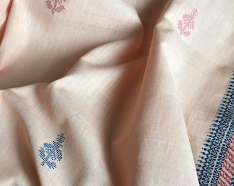 Unique Handwoven Sewing Fabric with Motifs and Borders, Sustainable Cotton Fabric, Fair Trade, Handmade, Peach, Fawn, Flower 1 unit = 1/2yd