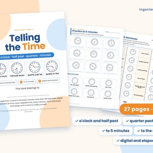 Op de afbeelding: Een 27-pagina tellend PDF-werkboek getiteld Telling the Time, met oefeningen voor het klokkijken, inclusief hele uren, halve uren, kwartieren en minuten. De pagina's bevatten klokillustraties, koppelopdrachten en dominospellen.