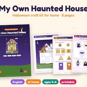 Op de afbeelding: Een My Own Haunted House Halloween knutselpakket met 8 pagina's. De set bevat een voorpagina, een huis-sjabloonpagina, een pagina voor het kiezen van ramen en deuren, en een pagina met diverse griezelige bewoners zoals een kat en geest.