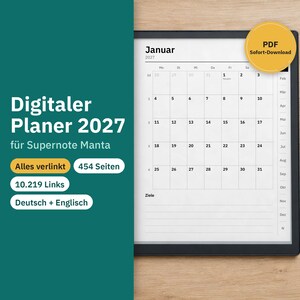 May include: A digital planner for Supernote Manta displayed on a tablet screen showing a January 2027 calendar grid. The screen features a black frame and a black stylus rests beside it. Text includes Digitaler Planer 2027, 454 Seiten, 10.219 Links, and PDF Sofort-Download.