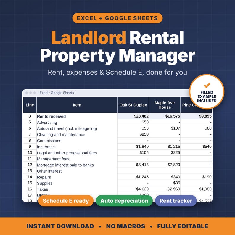 Rental Property Spreadsheet for Landlords, Rent Tracker, Schedule E ...