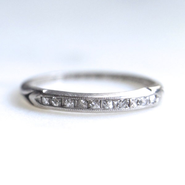 Antique Deco French Cut Diamond Half Eternity Band Platinum Ring