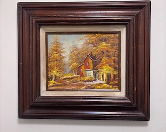 Handgemaltes, gerahmtes Herbstlandschaftsbild im rustikalen Landhausstil – Herbstliche Wanddekoration