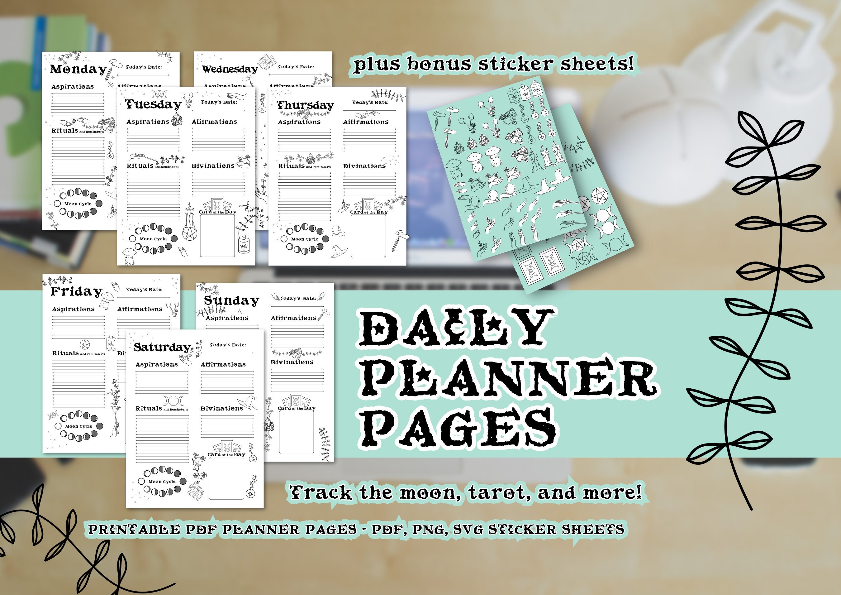 Cute Simple Witchy Printable Daily Planner Pdfs, Bonus Sticker Sheet - Etsy