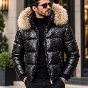 Men's Python Print Puffer Leather Jacket With Faux Fur, Designer Inspired Coat