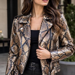 Women’s Python Leather Jacket, Genuine Snakeskin Leather Outerwear