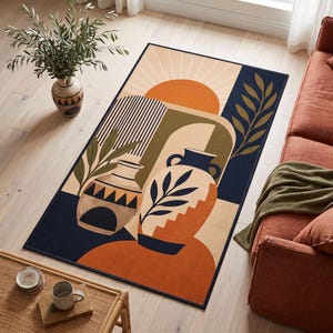 Boho Vase Area Rug, Pottery, Sun and Arch, Rust, Navy and Cream Geometric, Washable