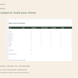 Moving Box Inventory Excel Template, Room Dashboard and Printable Labels, Moving Checklist Spreadsheet, Google Sheets Import