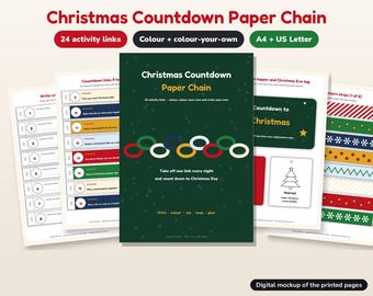 Könnte beinhalten: Ein druckbares Weihnachtscountdown-Papierketten-Set mit 24 Aktivitätsringen, Ausmalvorlagen und Musterstreifen. Das dunkelgrüne Deckblatt zeigt den Text Christmas Countdown Paper Chain mit bunten Ringgrafiken.