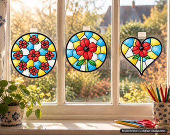 Könnte beinhalten: Drei Fensterdekorationen im Buntglas-Stil mit roten Mohnblumen vor einem Hintergrund aus blauen und gelben geometrischen Formen. Zwei Dekorationen sind kreisförmig und eine ist herzförmig, alle an einer Fensterscheibe befestigt.