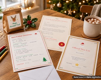 Könnte beinhalten: Ein Set mit weihnachtlichem Briefpapier, bestehend aus einer Vorlage für einen Brief an den Weihnachtsmann, einem Brief vom Weihnachtsmann und einem Zertifikat für die Liste der braven Kinder, sowie einer braunen Papiertüte mit Rentier-Motiv.