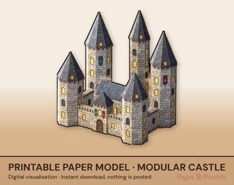 Könnte beinhalten: Ein druckbares Papiermodell einer modularen Burg mit grauen Steinmauern, dunklen kegelförmigen Dächern und gelb beleuchteten Fenstern. Der Text unten lautet: PRINTABLE PAPER MODEL · MODULAR CASTLE. Digital visualisation · Instant download, nothing is posted. Pages & Pounds.