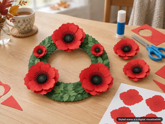 Visualisation of finished 3D layered paper poppies and a poppy wreath made from the printable template, on a table indoors