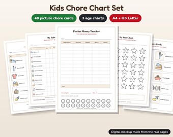 Druckbarer Aufgabenplan für Kinder, Bildkarten für Aufgaben, Belohnungstabelle, Taschengeld-Tracker, digitaler Download