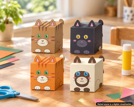 Visualisation of four finished 3D paper box cats: tabby, black cat, ginger and Siamese, on a table indoors