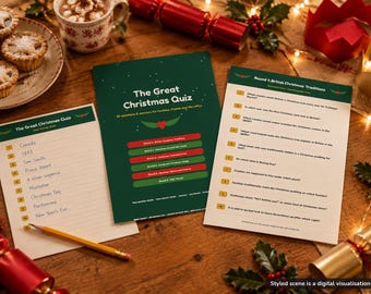 Könnte beinhalten: Ein Set aus gedruckten Weihnachts-Quizbögen auf Papier, bestehend aus einem Deckblatt mit dem Titel The Great Christmas Quiz, einem Fragenblatt für Round 1: British Christmas Traditions und einem Antwortbogen mit handschriftlichem Text.