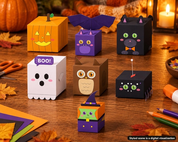 Visualisation of seven finished 3D Halloween paper characters: pumpkin, bat, black cat, ghost, owl, spider and witch