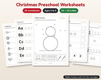 Vorschul-Arbeitsblätter zum Ausdrucken, Weihnachtsmotive zum Nachzeichnen, Zählen und Ausschneiden, EYFS-Alter 3 bis 5