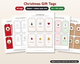 Weihnachtsgeschenkanhänger zum Ausdrucken, 48 Anhänger in Farbe und zum Selbstausmalen, Weihnachtsetiketten, Digitaler Download