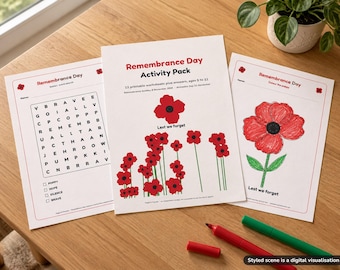 Könnte beinhalten: Drei weiße Papierbögen mit einem Remembrance Day Activity Pack, das rote Mohnblumenillustrationen und Texte wie Remembrance Day, Lest we forget sowie ein Wortsuchrätsel für Kinder enthält.