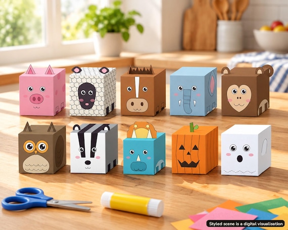 Visualisation of the finished 3D paper box animals from the kids craft party pack, on a table indoors