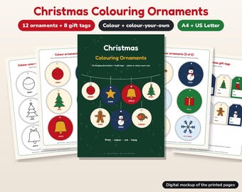 Könnte beinhalten: Ein Set aus ausmalbaren Weihnachtsanhängern und Geschenkanhängern mit 12 runden Dekorationen und 8 Etiketten. Die Seiten enthalten vorgedruckte und ausmalbare Motive wie Schneemann, Tannenbaum, Glocke, Stern und Lebkuchenmann.