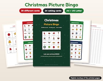 Könnte beinhalten: Ein druckbares Weihnachts-Bild-Bingo-Spielset mit 30 verschiedenen Karten, 24 Ziehkarten und einer Checkliste. Das dunkelgrüne Deckblatt zeigt den Titel und ein Raster mit weihnachtlichen Symbolen wie einem Strumpf und einem Stern.