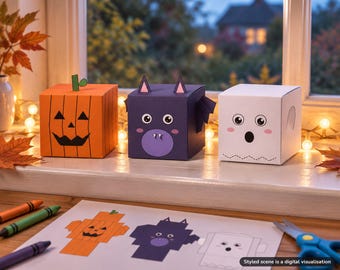 Könnte beinhalten: Drei Papierboxen in Form eines Kürbisses, einer Fledermaus und eines Geistes. Die orangefarbene Kürbisbox hat einen grünen Stiel, die lila Fledermausbox hat Ohren und Flügel und die weiße Geisterbox hat ein überraschtes Gesicht.