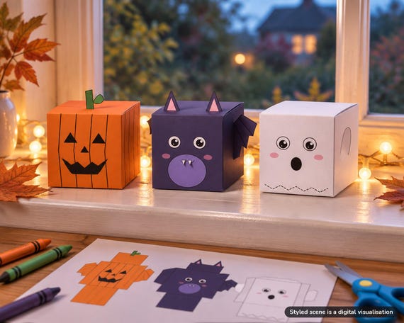 Visualisation of finished 3D paper pumpkin, bat and ghost Halloween crafts made from the printable, on a table indoors