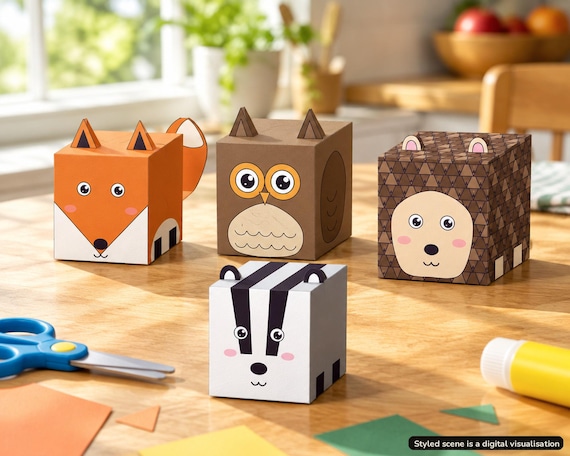 Visualisation of finished 3D paper fox, owl, hedgehog and badger woodland crafts, on a table indoors