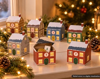 Könnte beinhalten: Ein Set aus sieben kleinen, hausförmigen Pappschachteln für einen Adventskalender, jede mit einer eigenen Farbe, einem weißen, schneebedeckten Dach und einem runden Nummernschild. Ein rotes Haus ist geöffnet und zeigt eine Goldmünze.