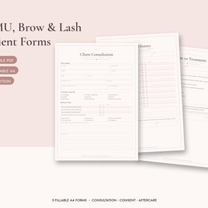 PMU Client Consultation Form, Brow Lash Consent Form, Medical History, Patch Test & Aftercare, Fillable PDF UK