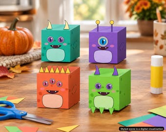 Könnte beinhalten: Vier würfelförmige Papiermonster in Türkis, Lila, Orange und Limettengrün. Jedes Monster hat einzigartige Gesichtsausdrücke, Hörner oder Antennen und einen hellen Bauch. Das türkise Monster hat zwei Hörner, das lila Monster Antennen, das orangefarbene drei Augen und das limettengrüne lila Hörner und Füße.