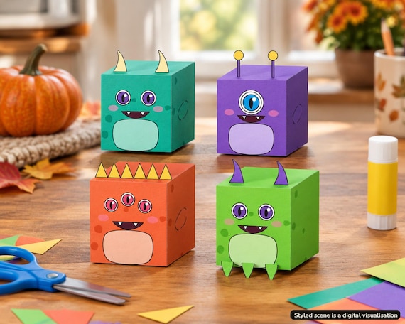 Visualisation of four finished 3D paper monsters from the build a monster printable, on a table indoors