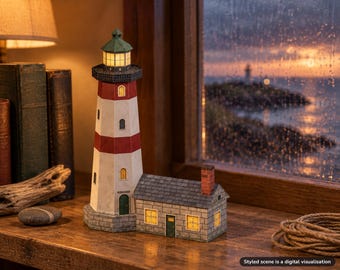 Könnte beinhalten: Ein Miniatur-Leuchtturmmodell mit einem weiß-rot gestreiften Turm, einem grünen Dach und einem Wärterhaus in Steinoptik. Das Bauwerk verfügt über beleuchtete gelbe Fenster und eine leuchtende Laterne, die einen warmen Lichteffekt erzeugen.