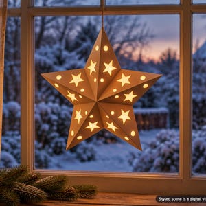 3D Paper Star Lantern Template, Christmas Star Papercraft with Cut Out Windows, Hanging Star Decoration, Printable PDF and SVG Files