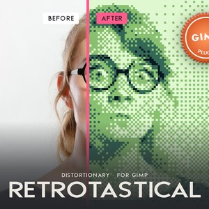 May include: A split-screen graphic showing a photographic portrait on the left labeled BEFORE and a green pixelated version on the right labeled AFTER. An orange GIMP PLUG-IN badge is in the corner. Text reads DISTORTIONARY FOR GIMP RETROTASTICAL.