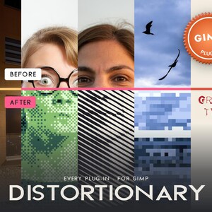 May include: A digital graphic display showing a before and after comparison of image effects. The top section shows original photos, while the bottom shows distorted versions. Text includes GIMP PLUG-IN, GRUNGE TYPER, and DISTORTIONARY.