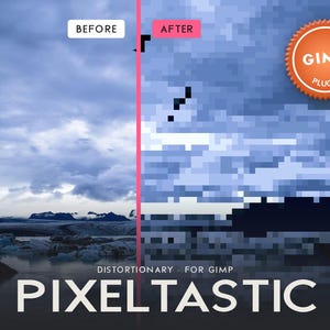 May include: A split-screen comparison showing a landscape with a bird and clouds before and after applying a pixelation effect. The image features a GIMP PLUG-IN badge, the text DISTORTIONARY FOR GIMP, and the large white text PIXELTASTIC.