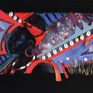 May include: Abstract painting with a blue, red and black colour scheme. The painting features a stylised human face with a necklace and earrings. The background is a mix of geometric shapes and patterns.