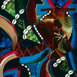 May include: Abstract painting with a blue, red and green colour scheme. The painting features a variety of shapes and patterns, including circles, triangles and stripes. There are also white beads and shells scattered throughout the painting.