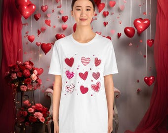 Camiseta de Dia dos Namorados com Corações Vermelhos, Camiseta Unissex em Malha